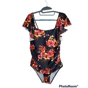 Bright Floral Black Ruffle Sleeve Off the Shoulder One Piece Ruched Swimsuit